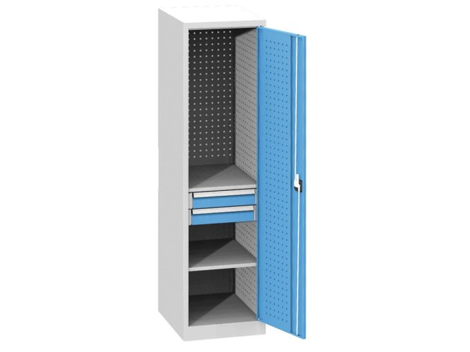 uzka dilenska zasuvkova skrin na naradi kovos 2 police 2 zasuvky svarovana 505 x 600 x 1950 mm 75065