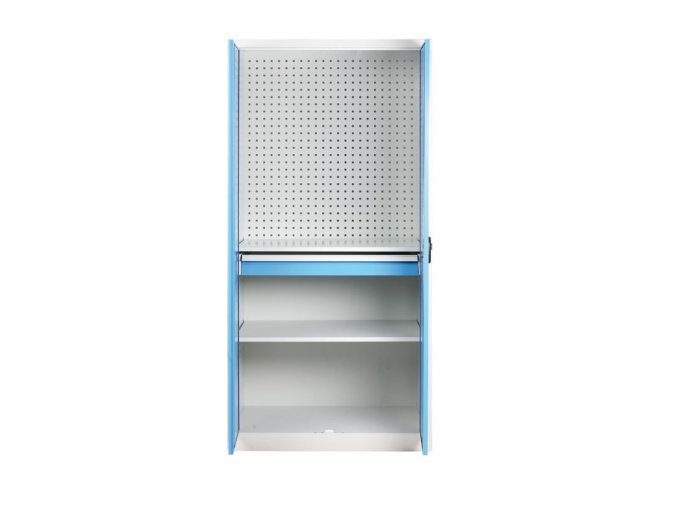 policova dilenska skrin na naradi kovos perforovany panel 2 police 1 zasuvka 950 x 600 x 1950 mm 75070