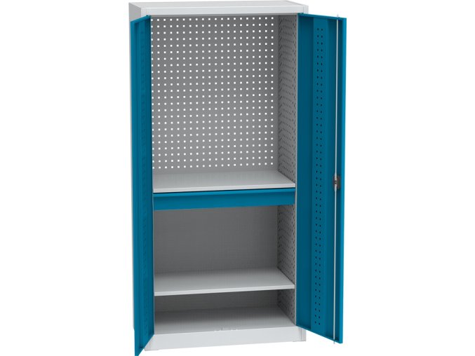 policova dilenska skrin na naradi kovos perforovany panel 2 police 1 zasuvka 950 x 500 x 1950 mm 85012
