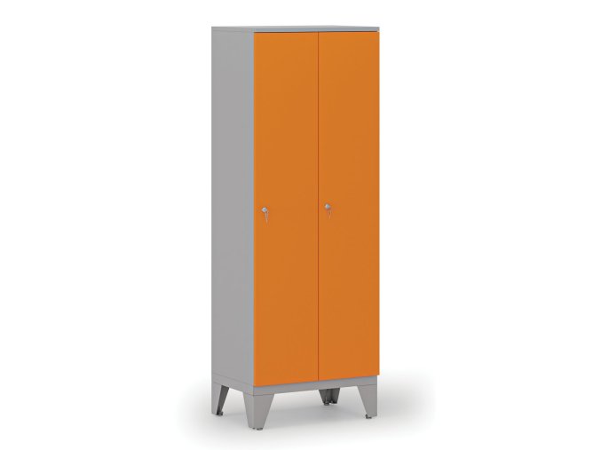 Dřevěná šatní skříňka, snížená, 2 oddíly, 1660 x 600 x 400 mm, cylindrický zámek, šedá/oranžová