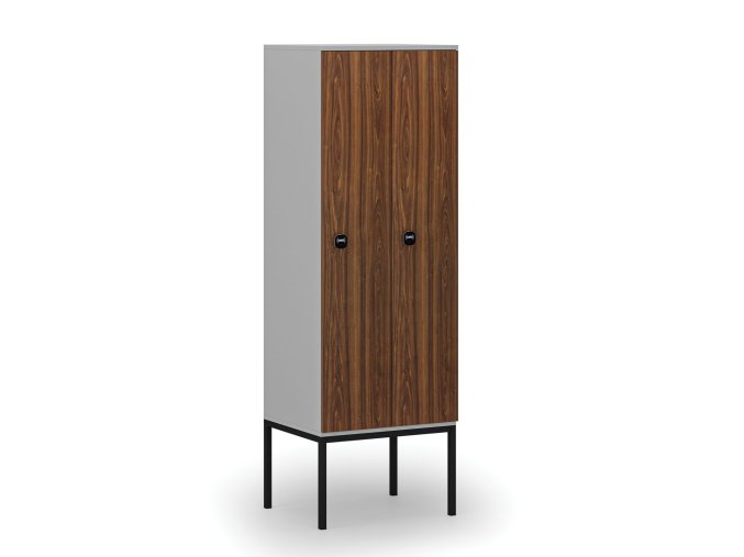 Dřevěná šatní skříňka s podnoží, 2 oddíly, 1871 x 600 x 500 mm, RFID zámek, šedá/ořech