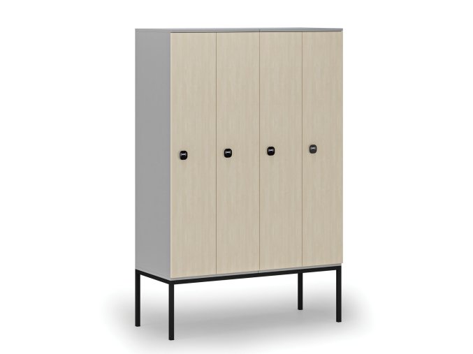 Dřevěná šatní skříňka s podnoží, 4 oddíly, 1871 x 1200 x 500 mm, RFID zámek, šedá/bříza