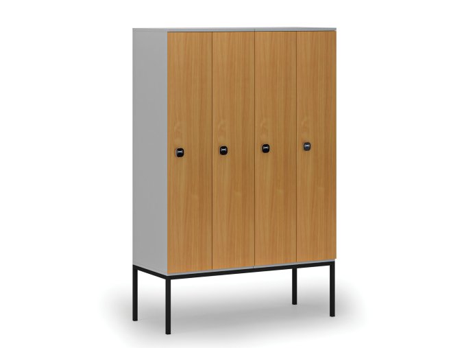 Dřevěná šatní skříňka s podnoží, 4 oddíly, 1871 x 1200 x 500 mm, RFID zámek, šedá/buk