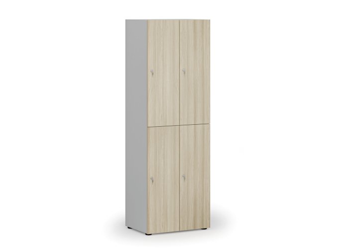 Dřevěná šatní skříňka s úložnými boxy, 4 boxy, cylindrický zámek, šedá/dub přírodní
