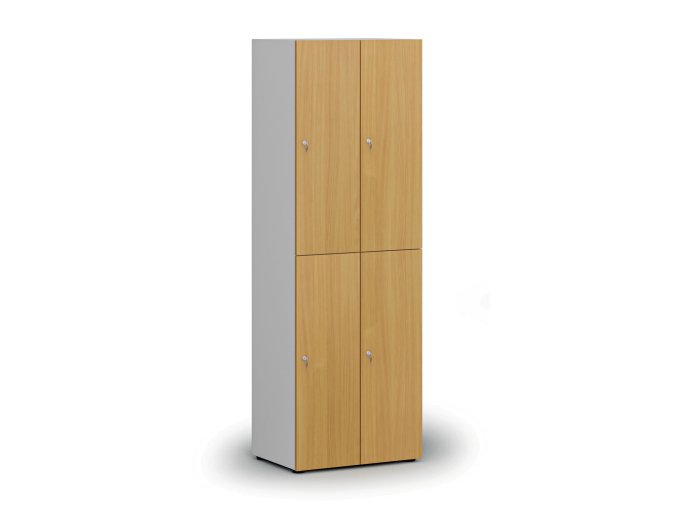 Dřevěná šatní skříňka s úložnými boxy, 4 boxy, cylindrický zámek, šedá/buk