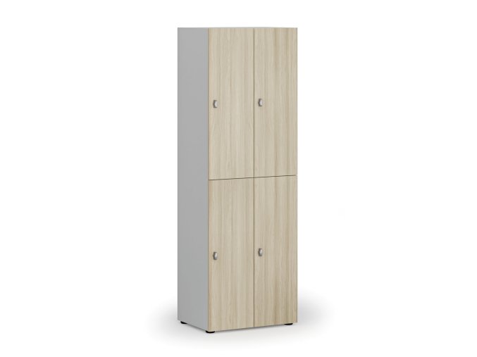 Dřevěná šatní skříňka s úložnými boxy, 4 boxy, otočný zámek, šedá/dub přírodní