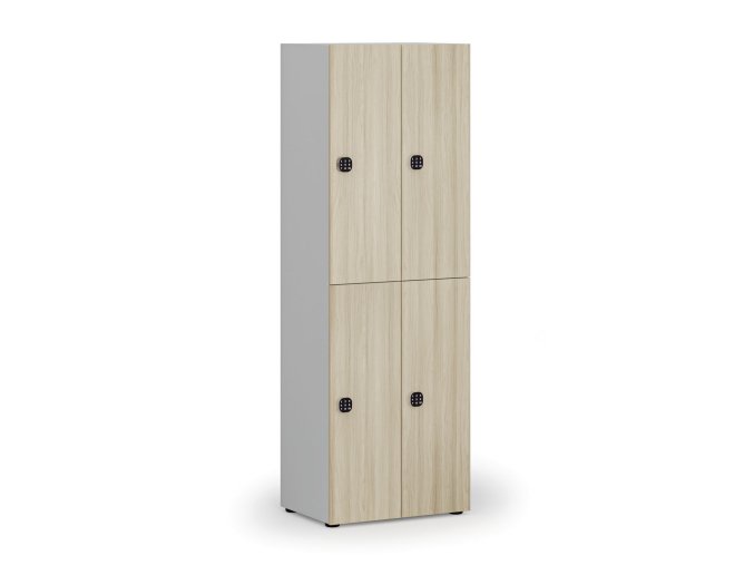 Dřevěná šatní skříňka s úložnými boxy, 4 boxy, kódový zámek, šedá/dub přírodní