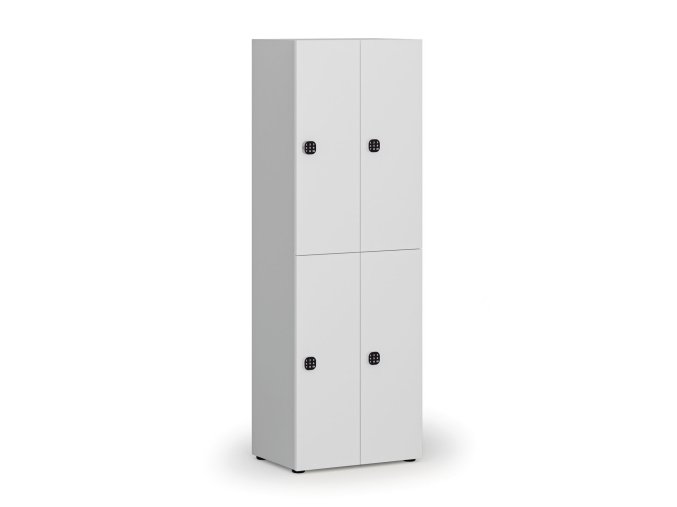 Dřevěná šatní skříňka s úložnými boxy, 4 boxy, kódový zámek, šedá/bílá
