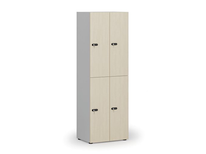 Dřevěná šatní skříňka s úložnými boxy, 4 boxy, mechanický kódový zámek, šedá/bříza