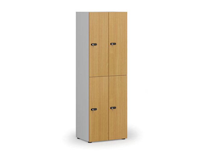 Dřevěná šatní skříňka s úložnými boxy, 4 boxy, mechanický kódový zámek, šedá/buk