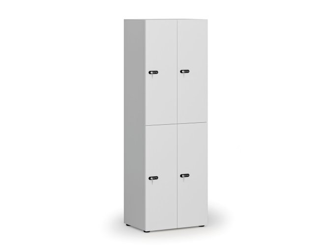 Dřevěná šatní skříňka s úložnými boxy, 4 boxy, mechanický kódový zámek, šedá/bílá