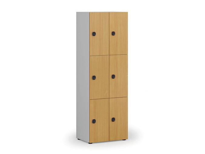 Dřevěná šatní skříňka s úložnými boxy, 6 boxů, kódový zámek, šedá/buk