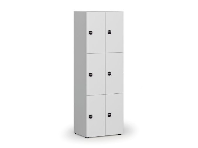 Dřevěná šatní skříňka s úložnými boxy, 6 boxů, RFID zámek, šedá/bílá