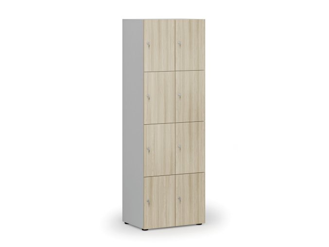 Dřevěná šatní skříňka s úložnými boxy, 8 boxů, cylindrický zámek, šedá/dub přírodní