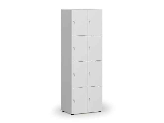 Dřevěná šatní skříňka s úložnými boxy, 8 boxů, cylindrický zámek, šedá/bílá