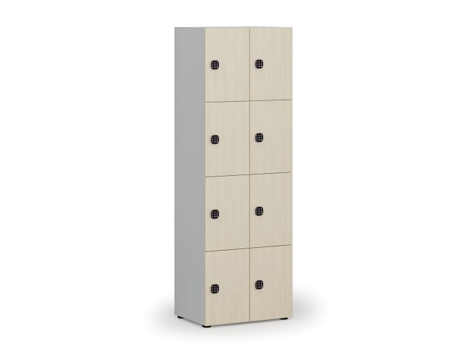 Dřevěná šatní skříňka s úložnými boxy, 8 boxů, kódový zámek, šedá/bříza