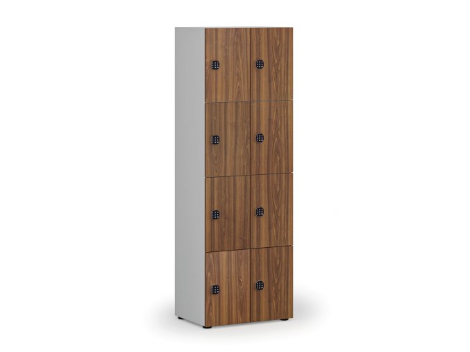 Dřevěná šatní skříňka s úložnými boxy, 8 boxů, kódový zámek, šedá/ořech