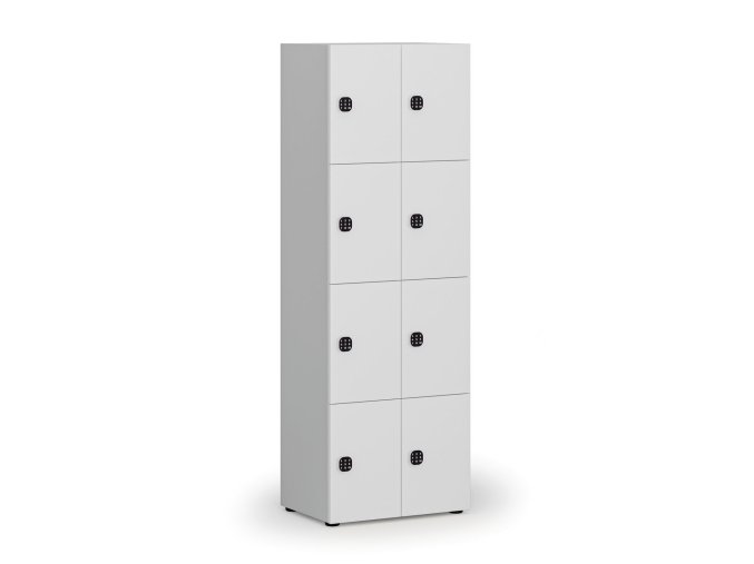 Dřevěná šatní skříňka s úložnými boxy, 8 boxů, kódový zámek, šedá/bílá