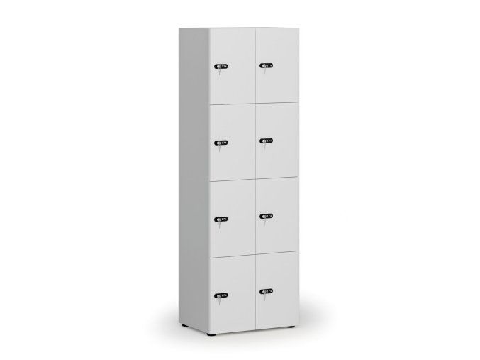 Dřevěná šatní skříňka s úložnými boxy, 8 boxů, mechanický kódový zámek, šedá/bílá