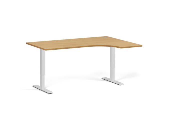 Rohový výškově nastavitelný stůl, 160x120 cm, 1 motor, L/P, bílá podnož, buk