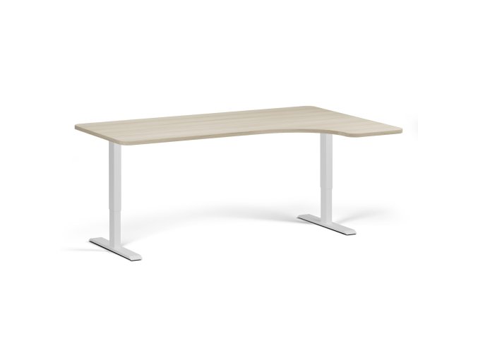 Rohový výškově nastavitelný stůl, 180x120 cm, 1 motor, L/P, bílá podnož, dub přírodní