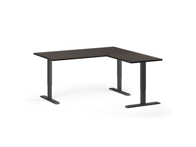Rohový výškově nastavitelný stůl, 160x160 cm, 3 motory, L/P, černá podnož, wenge