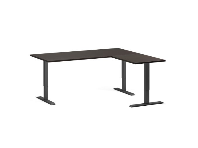 Výškově nastavitelný stůl, 3 motory, 745 - 1215 mm, rohový L/P, deska 1800 x 1600 mm, černá podnož, wenge