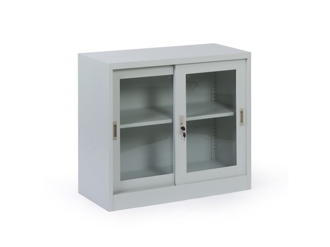 kovova policova skrin s prosklenymi posuvnymi dvermi demontovana 900 x 800 x 400 mm 114697