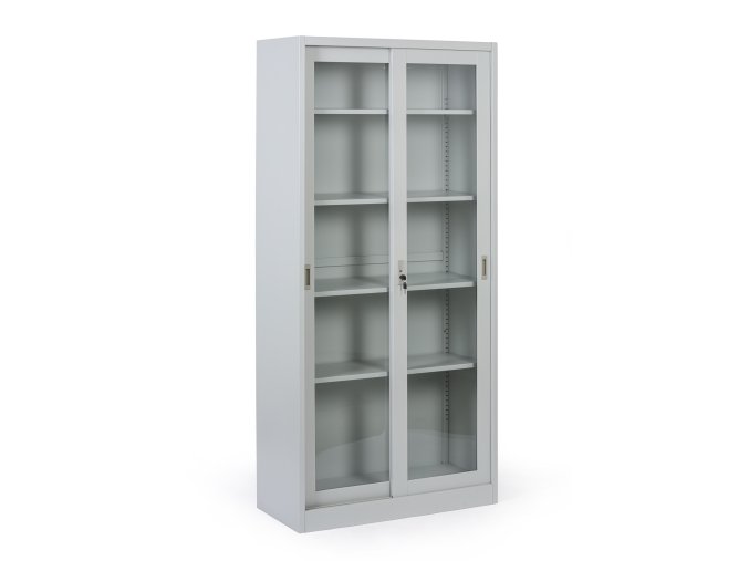 kovova policova skrin s prosklenymi posuvnymi dvermi demontovana 900 x 1950 x 400 mm 114696