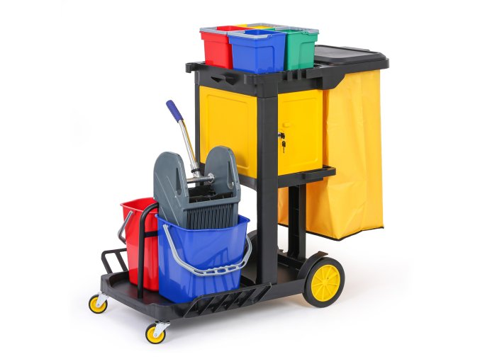 profesionalni uklidovy vozik se 6 kbeliky drzaky mopu skrinkou a pytlem s vikem 1120 710 1100 mm 144328