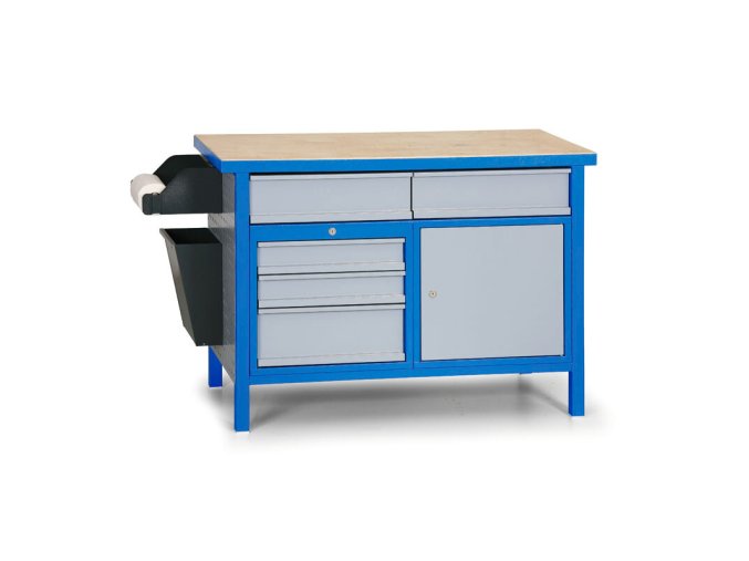 Dílenský pracovní stůl GD, 5 zásuvek, smrk + buková překližka, 5 zásuvek, 1 skříňka, 1190 x 600 x 850 mm, modrá / šedá