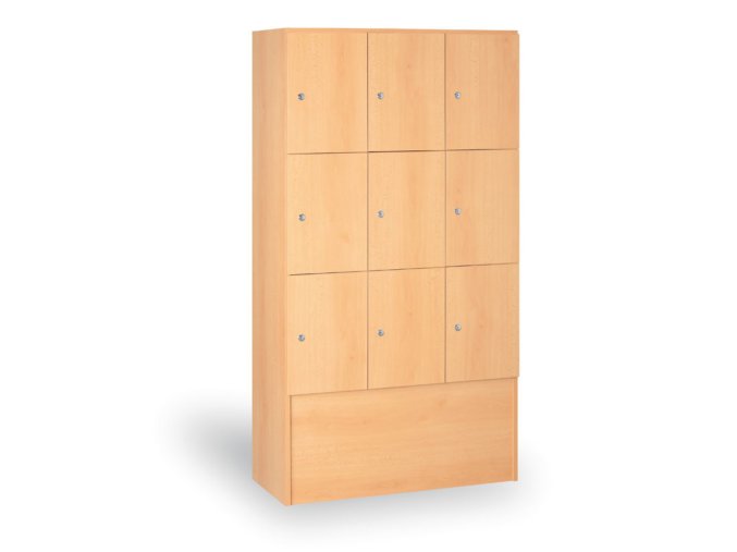 Dřevěná šatní skříňka s odkládacími boxy, 9 boxů, 1700 x 900 x 420 mm, cylindrický zámek, buk