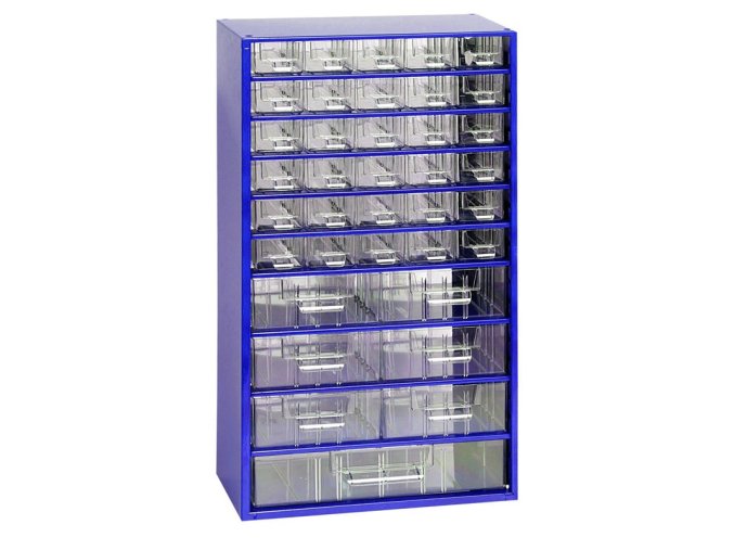 Kovová závěsná skříňka se zásuvkami, 37 zásuvek, modrá