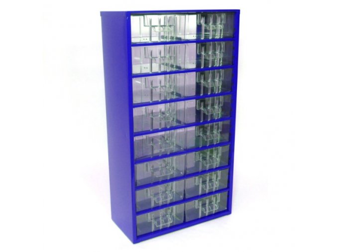 Kovová závěsná skříňka se zásuvkami, 16 zásuvek, modrá