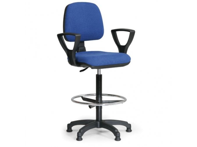 Zvýšená látková pracovní židle MILANO s područkami, opěrka nohou, kluzáky, modrá