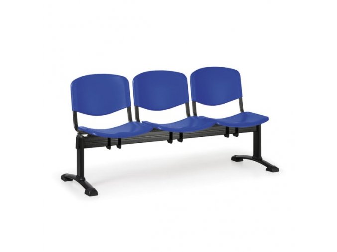 Plastová lavice do čekáren ISO, 3-sedák, modrá, černé nohy