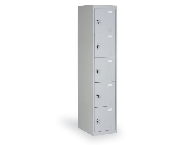 Šatní skříňka s úložnými boxy, 5 boxů, 1820 x 380 x 500 mm, cylindrický zámek, šedé dveře