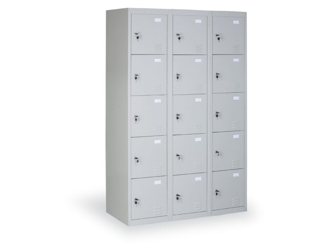 Šatní skříňka s úložnými boxy, 15 boxů, 1820 x 1140 x 500 mm, cylindrický zámek, šedé dveře
