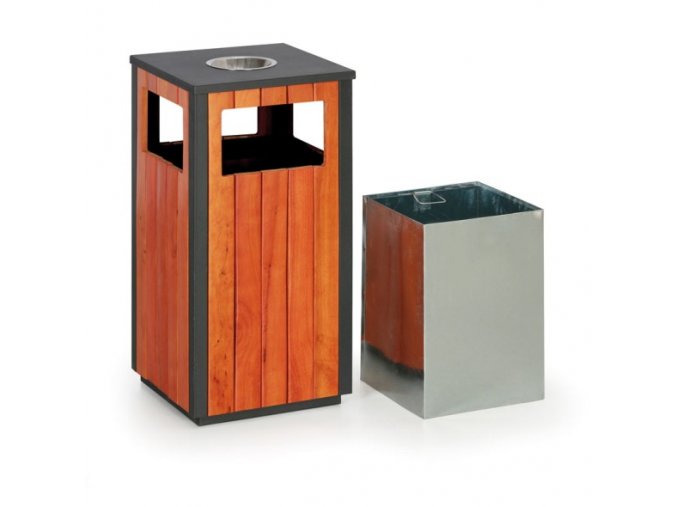 Venkovní odpadkový koš s popelníkem, 380 x 380 x 755 mm, černá dezén dřeva