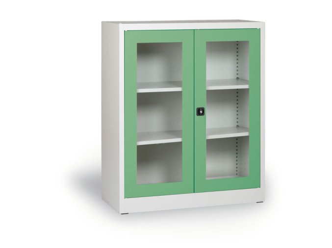 dilenska policova skrin s prosklenymi dvermi 1150 x 920 x 400 mm seda zelena 6124