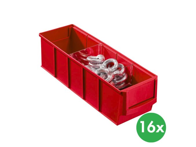 Plastový regálový box ShelfBox typ A - 91 x 300 x 81 mm, 16 ks, červený