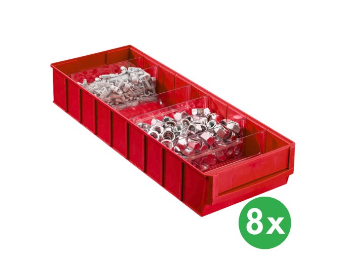 Plastový regálový box ShelfBox typ F - 183 x 500 x 81 mm, 8 ks, červený
