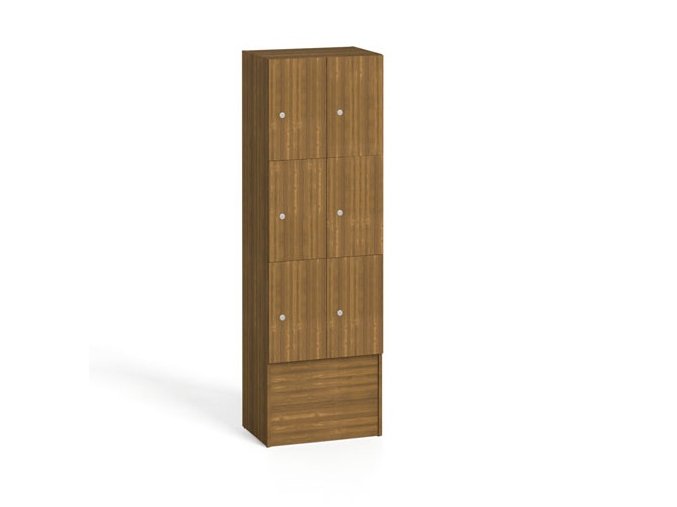 Dřevěná odkládací skříňka s úložnými boxy, 6 boxů, 1700 x 600 x 420 mm, cylindrický zámek, ořech