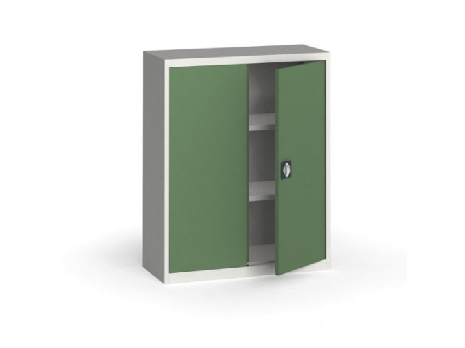 Plechová policová skříň na nářadí KOVONA, 1150 x 950 x 400 mm, 2 police, šedá/zelená
