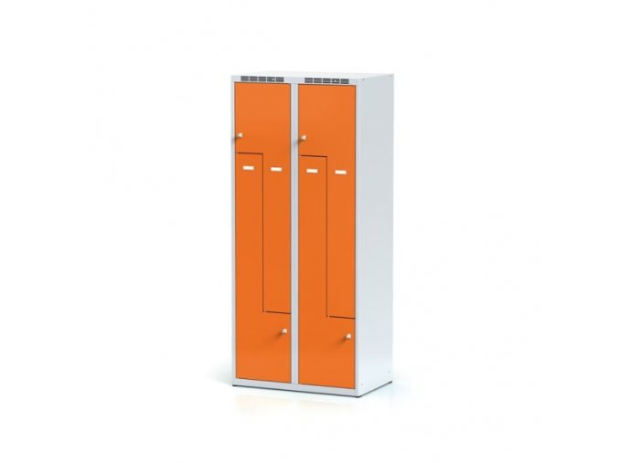 Kovová šatní skříňka Z, 4 oddíly, oranžové dveře, cylindrický zámek