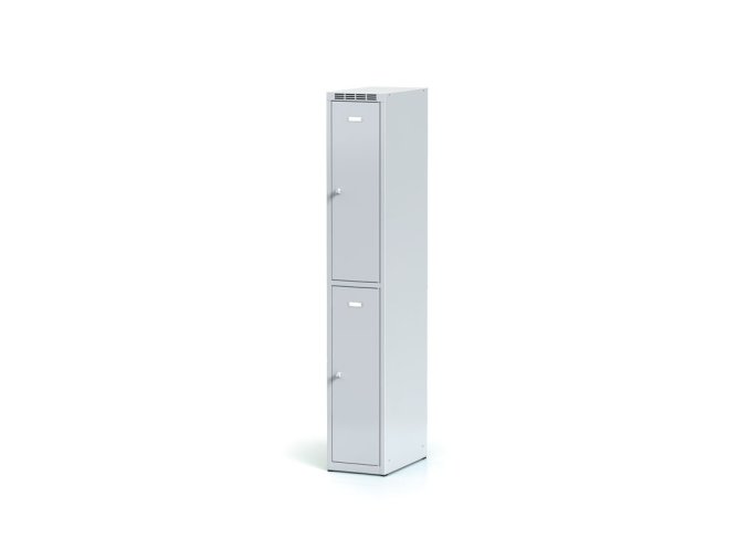Kovová šatní skříňka s úložnými boxy, 2 boxy, 1800 x 300 x 500 mm, cylindrický zámek, šedé dveře