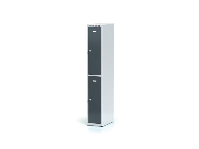 kovova satni skrinka s uloznymi boxy 2 boxy 1800 x 300 x 500 mm cylindricky zamek tmave sede dvere 12778