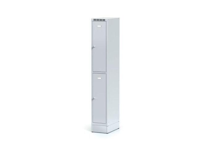 Kovová šatní skříňka s úložnými boxy na soklu, 2 boxy, 1920 x 300 x 500 mm, otočný zámek, šedé dveře