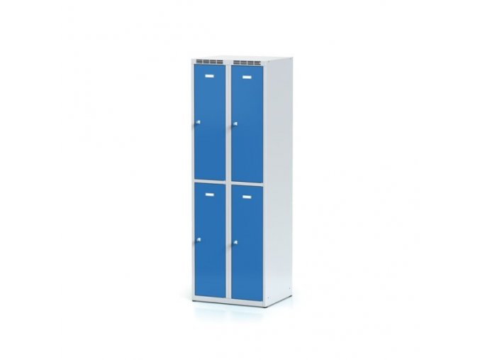 Kovová šatní skříňka s úložnými boxy, 4 boxy, modré dveře, otočný zámek