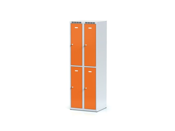 Kovová šatní skříňka s úložnými boxy, 4 boxy, 1800 x 600 x 500 mm, otočný zámek, oranžové dveře